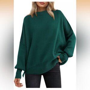 Oversized Sweater, Batwing Long Sleeve, Crewneck Knit with Side Slit